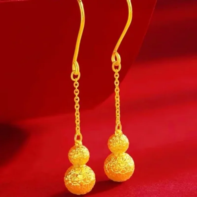 

New 999 Pure Gold Earrings for Women Long Tassel Real Gold Earrings Leaves 24K Ear Hook Gourd AU750 Transfer Bead Jewelry