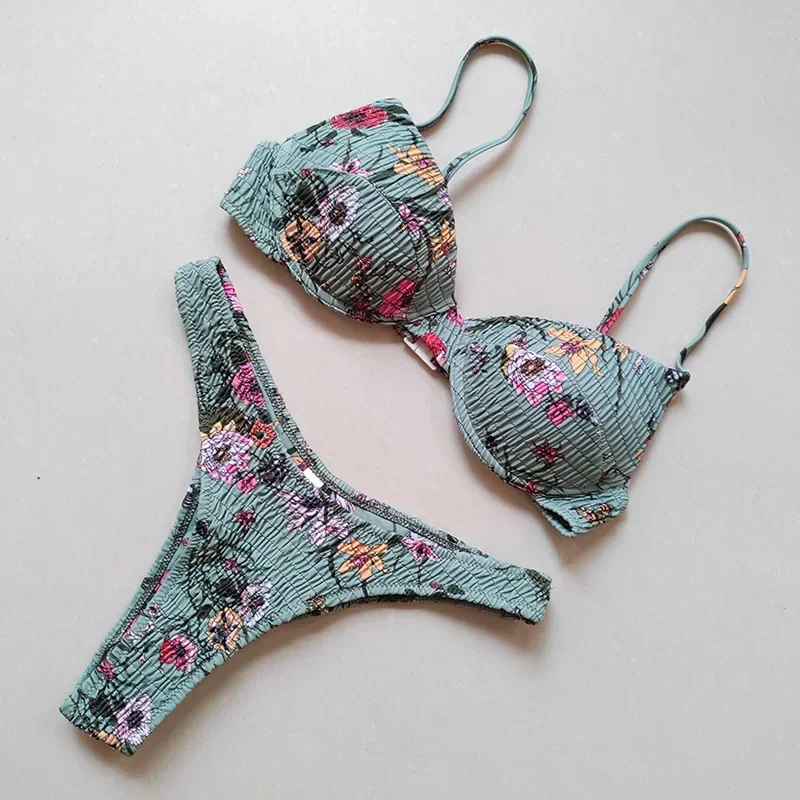 New Sexy Underwired Push Up Bikini Set Women Triangle Brazilian Bikinis Swimwear Ruched Biquini Printed Bathing Suits Beach Wear