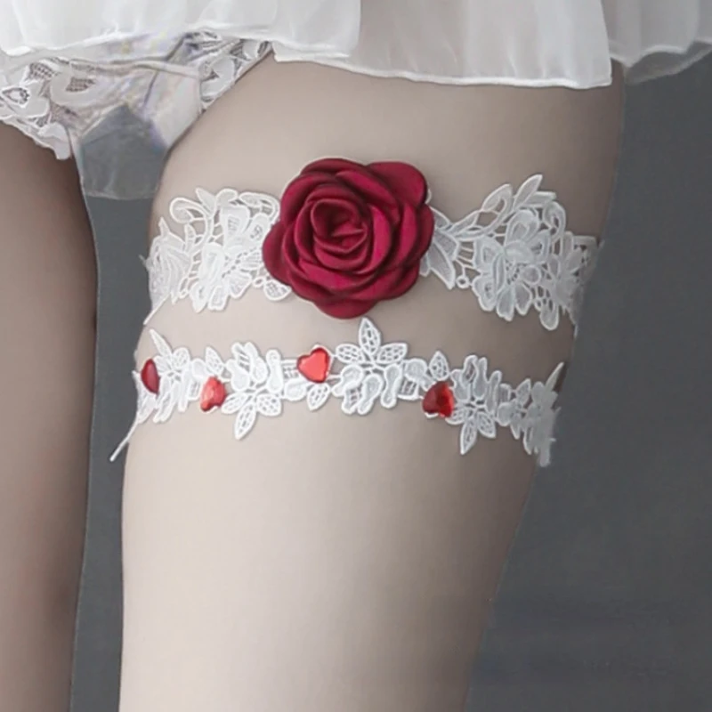 Handmade Bridal Lace Leg Hoop Set Red Rose Flower Garter Sexy Leg Hoop Pair Cosplay Accessory