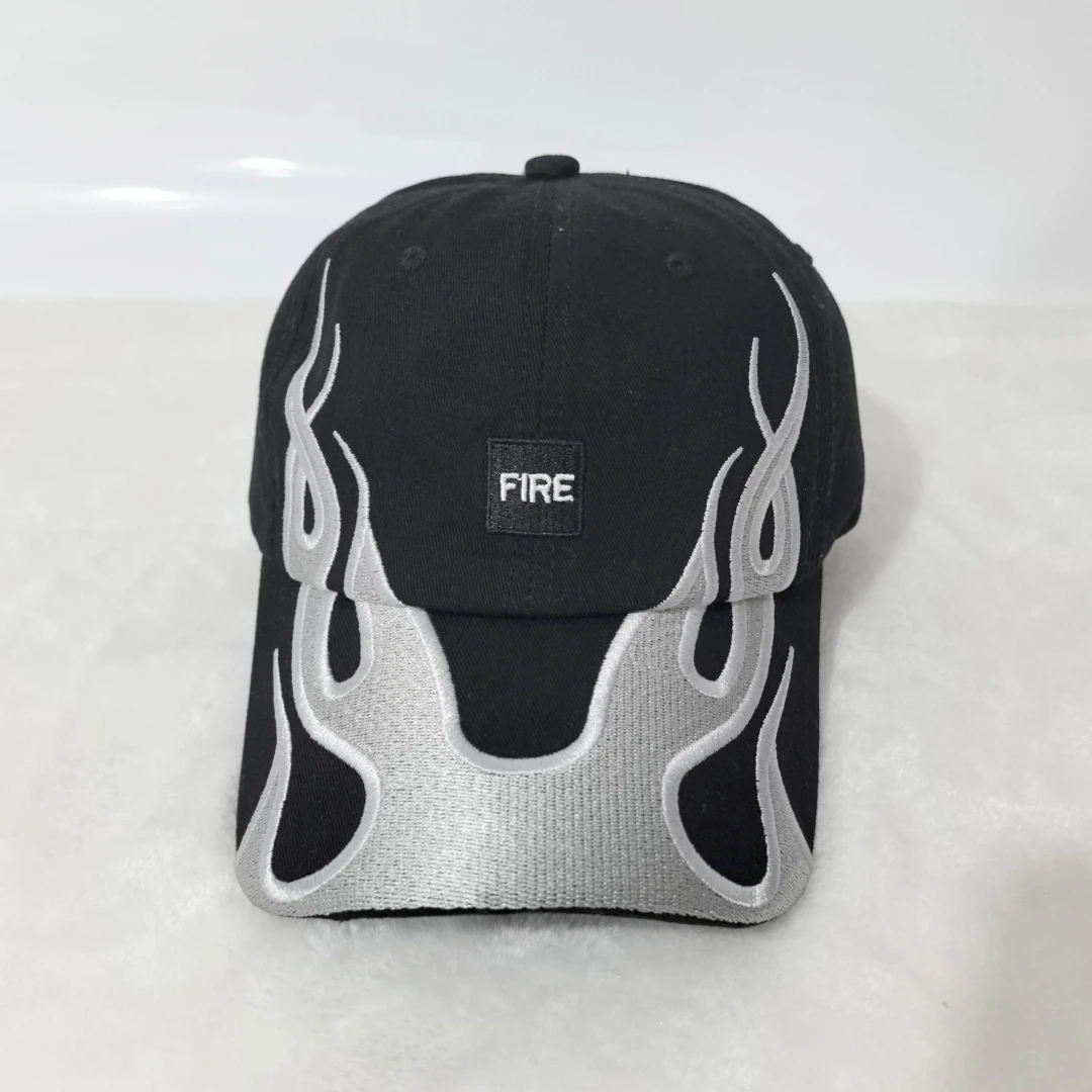 Amerikanische Retro Y2K Baseballkappe mit Flammen-Stickerei, Verstellbare Feuer-Muster Baumwoll-Dad-Mütze, Streetwear Hip-Hop-Hut für Männer und Frauen – Detail 7