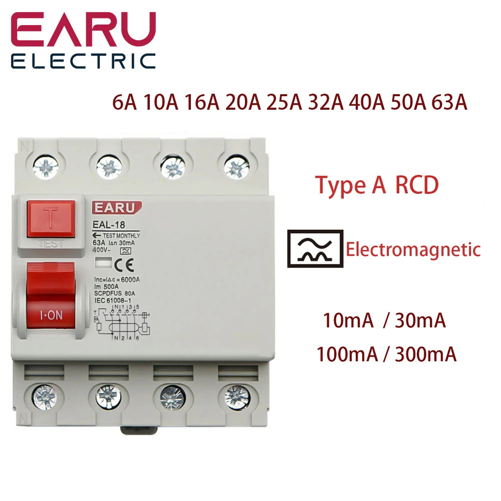 4P 32A 10/30/100/300mA Type A RCCB RCD ELCB Electromagnetic Residual Current Circuit Breaker Differential Breaker Safety Switch