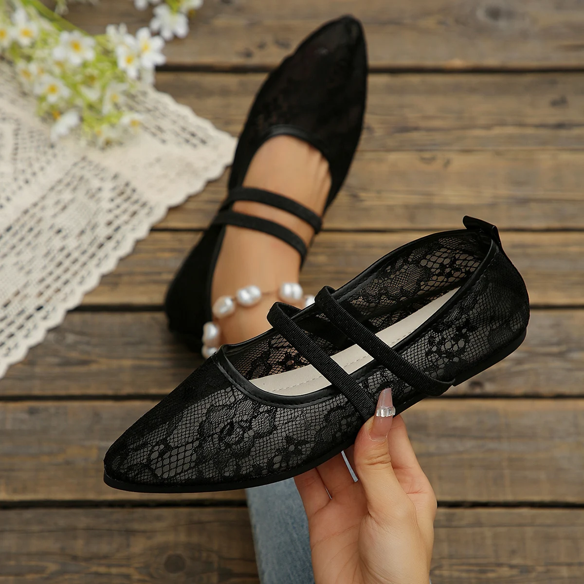 Modische und heiß begehrte sexy Mesh-Flachschuhe für Damen – Neue, spitze, bequeme, atmungsaktive und lässige Sommerschuhe – Detail 8