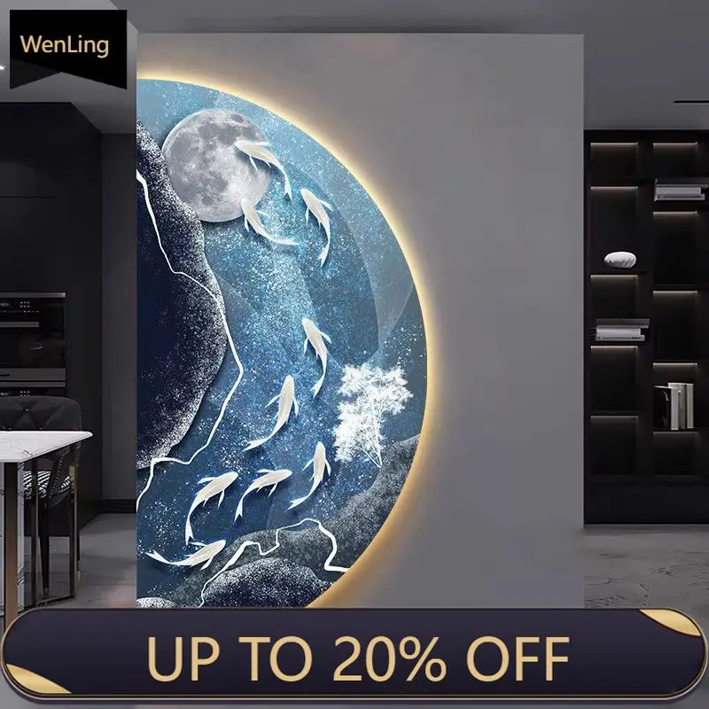Modern Light Luxury Nine Fish Picture Entrance Door Decoration Painting LED Light Painting High-end Atmospheric Wall Murals