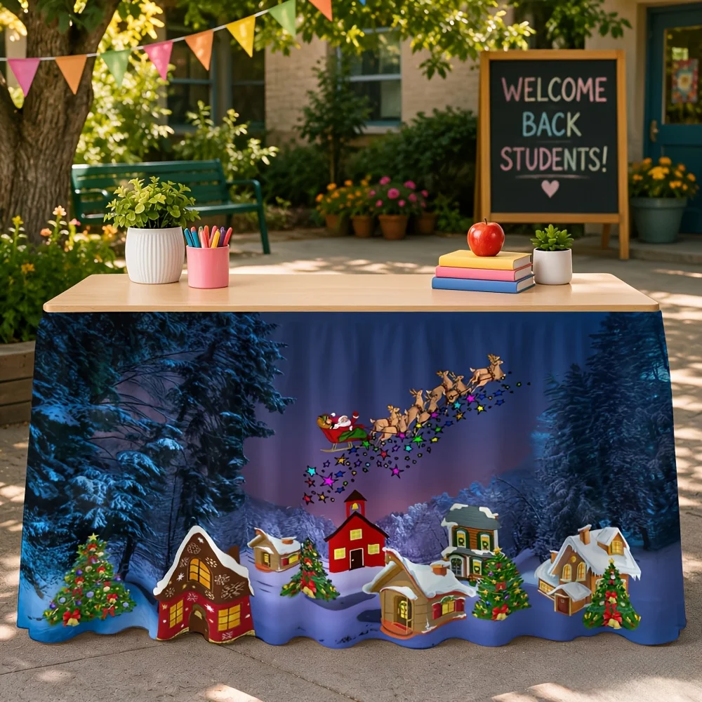 1-Piece Christmas Santa Sleigh Cottage Print Pie a Tablecloth Table Skirt for a Pie Event