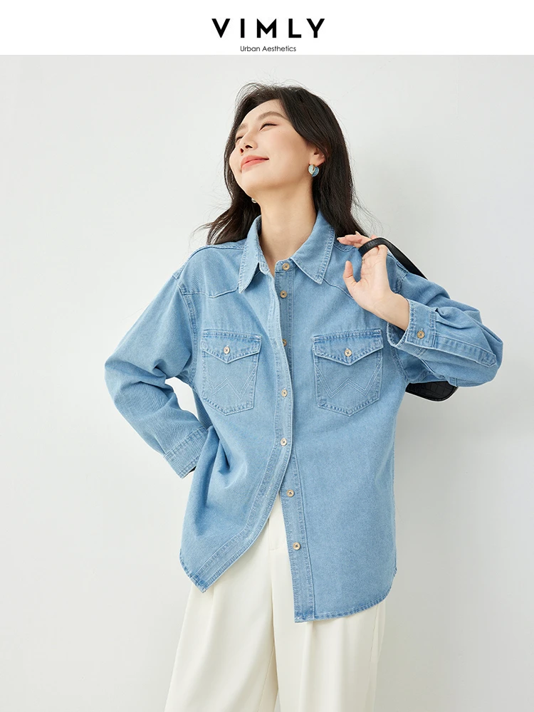 Vimly Women Blue Denim Shirt 2024 Spring New Casual Loose Retro Lapel Button Down Drop Long Sleeve Tops Denim Jacket Coat 72687