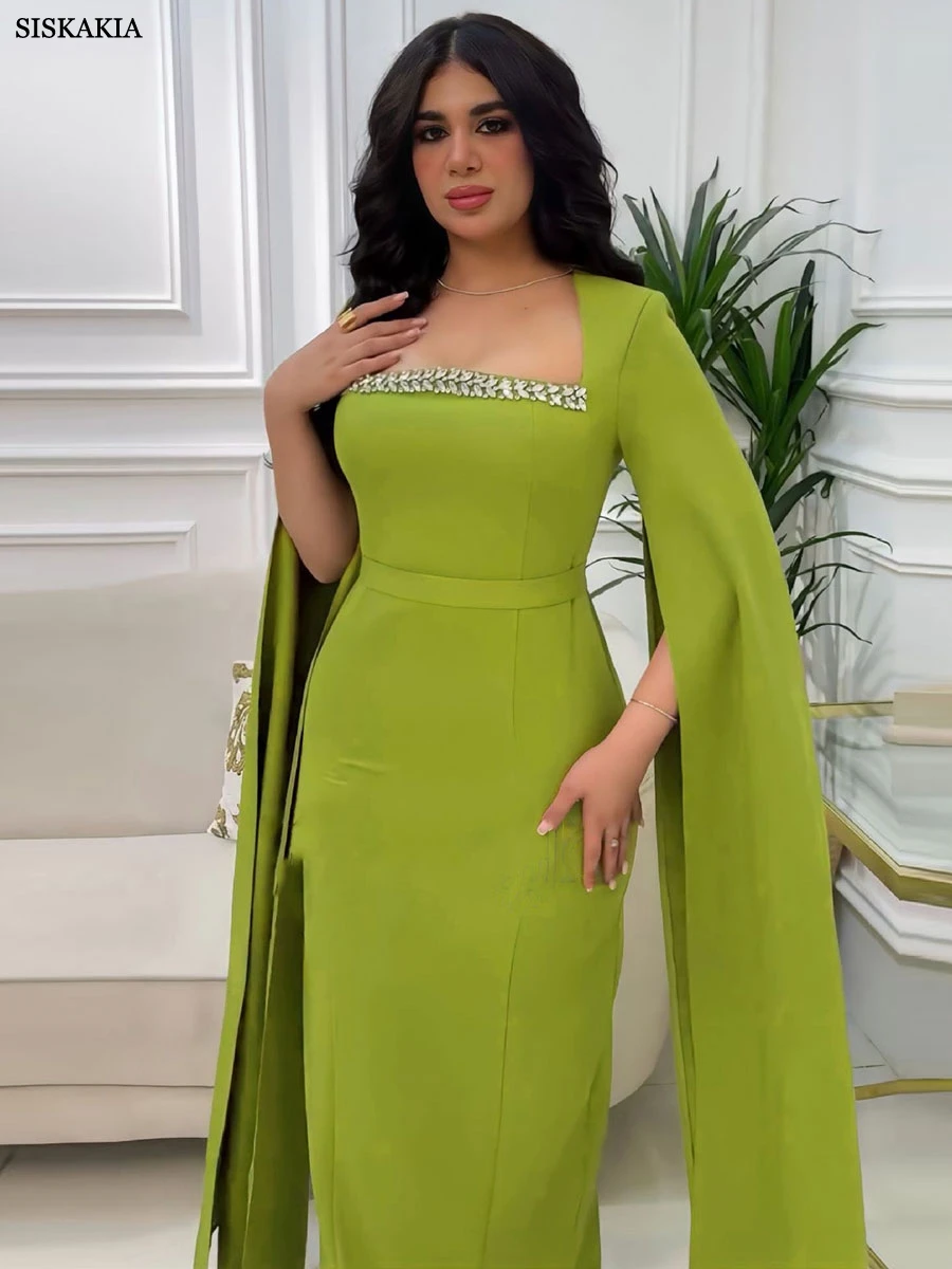 Siskakia Dubai Turkish Solid Luxury Diamonds Women Gown Arab African Abayas Super Long Sleeve Evening Party Dress Saudi Clothing