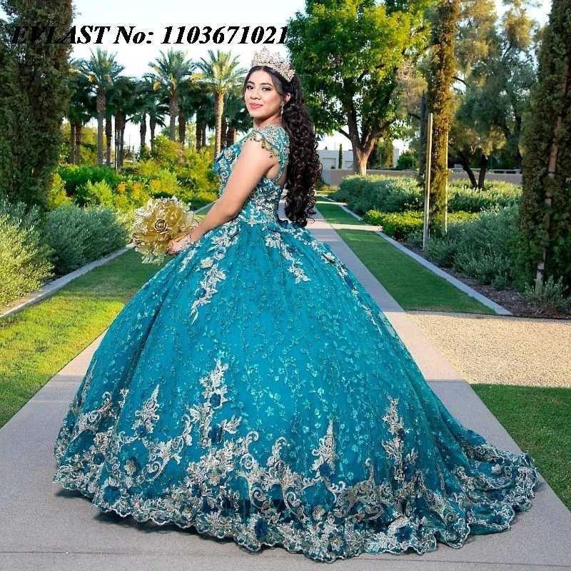 

EVLAST Mexican Emerald Green Ball Gown Quinceanera Dress Golden Lace Applique Beading Corset Sweet 16 Vestidos De 15 Anos SQ199