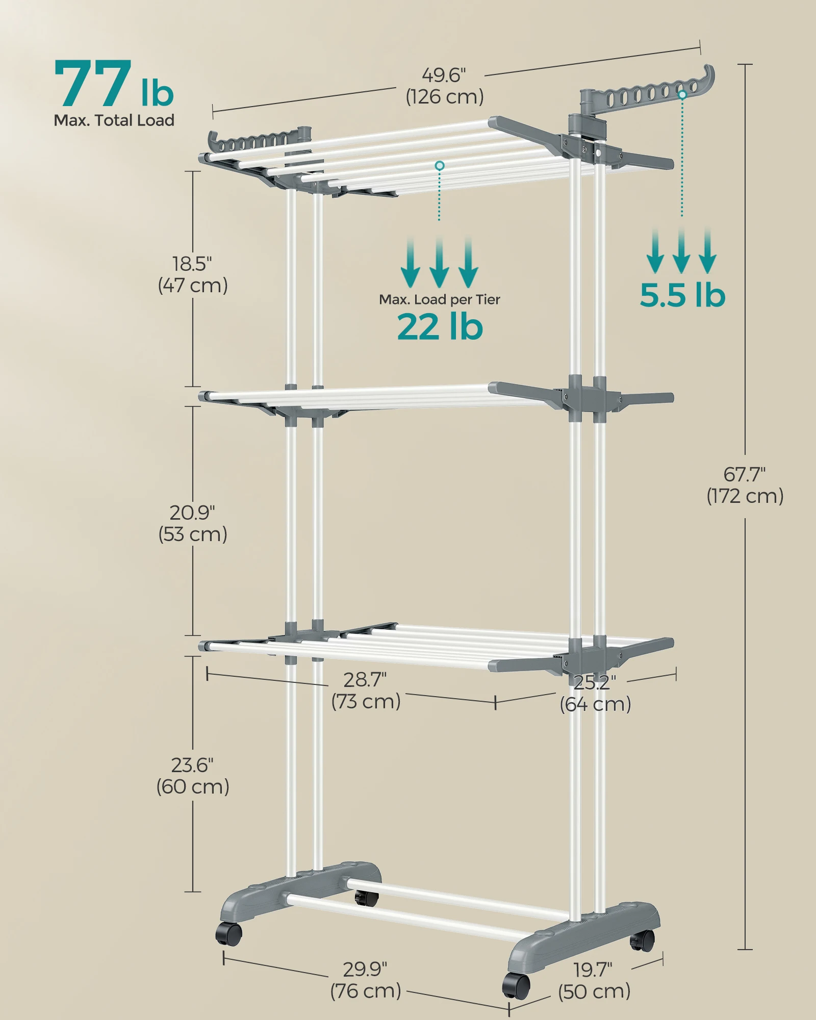 SONGMICS Clothes Drying Rack Stand 4-Tier, Foldable Laundry Drying Rack 68.1-Inch Tall, Steel, Rolling Clothes Horses Dryer Rack image 6