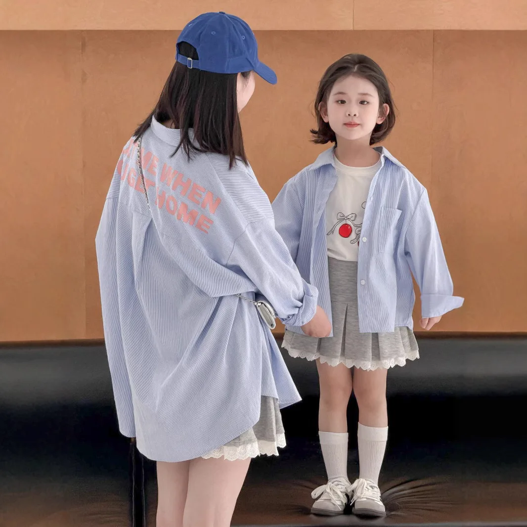 

2025 spring outfit new blue striped printed shirt baby casual loose long sleeved top clothes