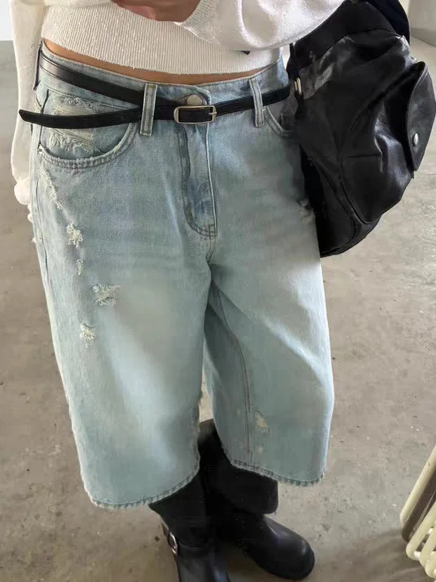 

High Waist Distressed Wide Leg Jeans Women's 7/8 Length Cotton Denim Pants with Frayed Hem Spring Season Ladies Fashion