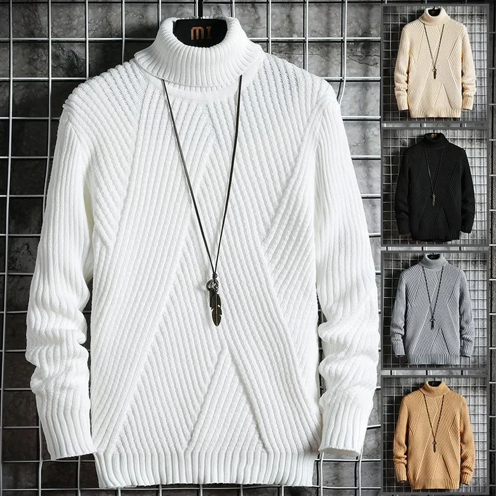 

Korean Fashion Sweater Mock Neck Sweater Knit Pullovers Autumn Slim Fit Fashion Clothing Men Solid Color Irregular Stripes 2024