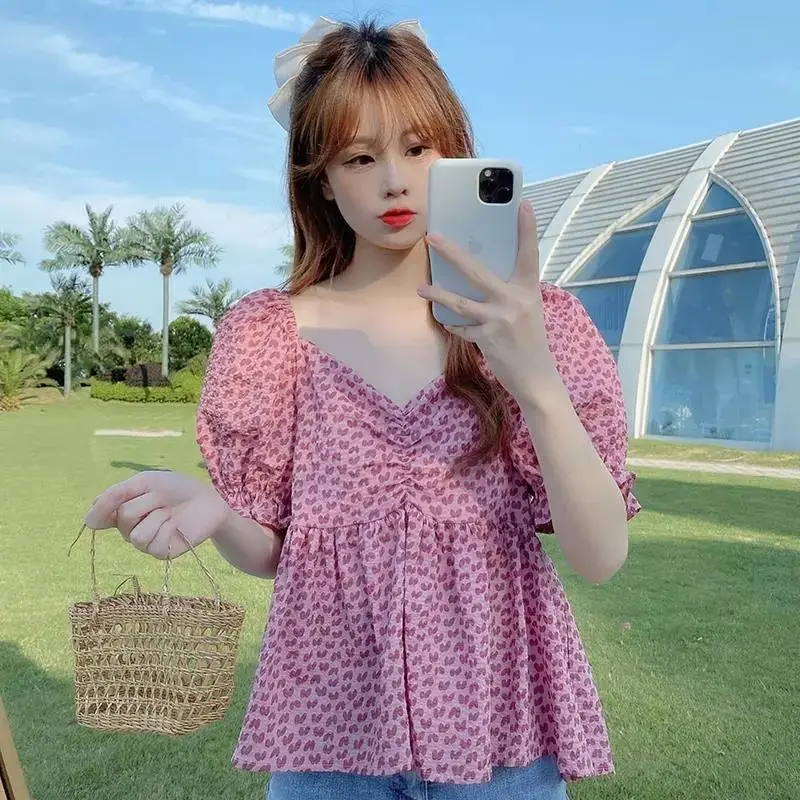 

Heart Print Blouses Women Puff Sleeve Sweet Loose Casual Summer New All-match Age-reducing Fashion Female Korean Version Tender