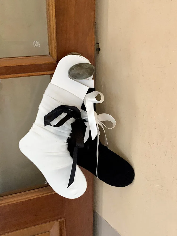 Tube Socks Colored Cotton Ribbon Short Ballet Girl Leg Shaping Bow Summer Long Black andWhite Solid Color Four Seasons Universal