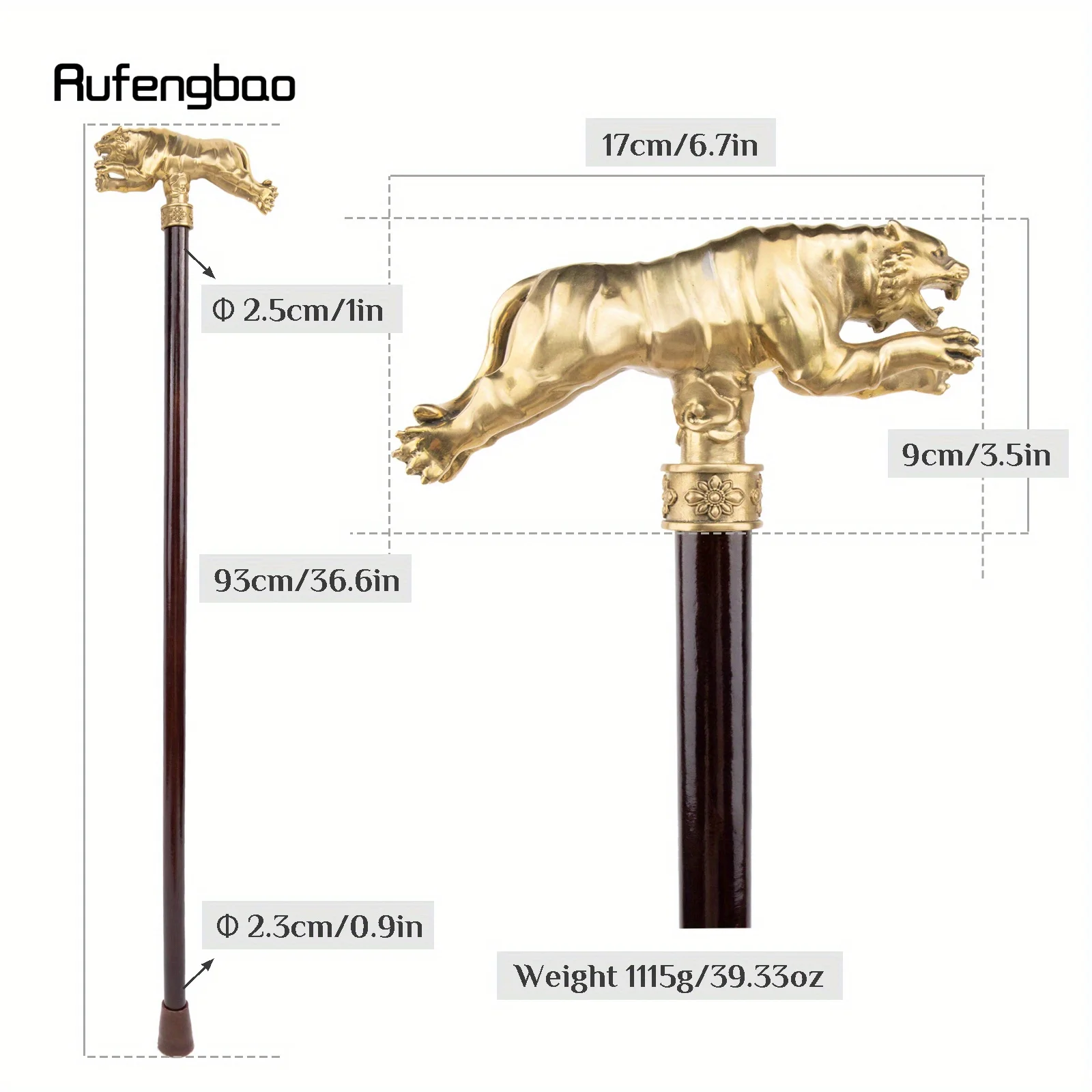 Golden Copper Tiger Single Joint Fashion   Stick Decorative Cane For Halloween For Cosplay And Parties, For Cosplay & Party