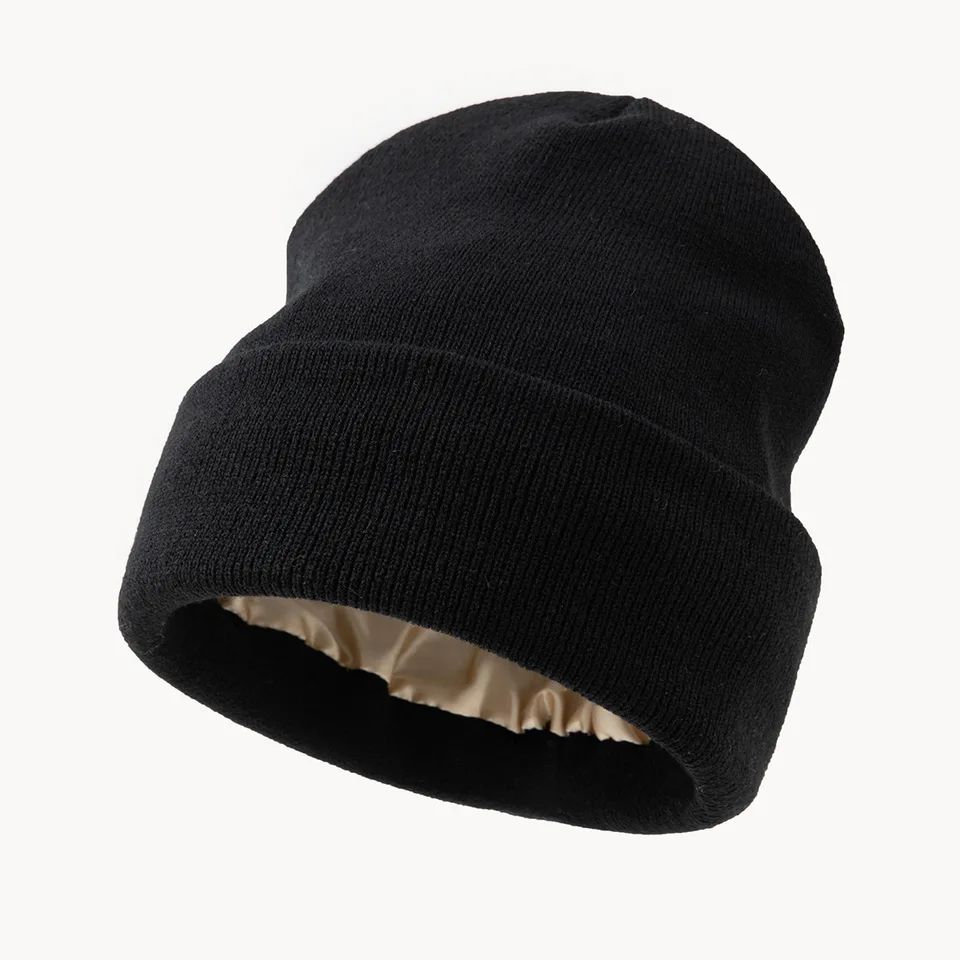Unisex Satin Lined Knitting Beanie Hat For Women Mens Winter Silky Lining Warm Cuffed Skullies 2Layer Hair Cover Y2K HipHop Cap, image 15