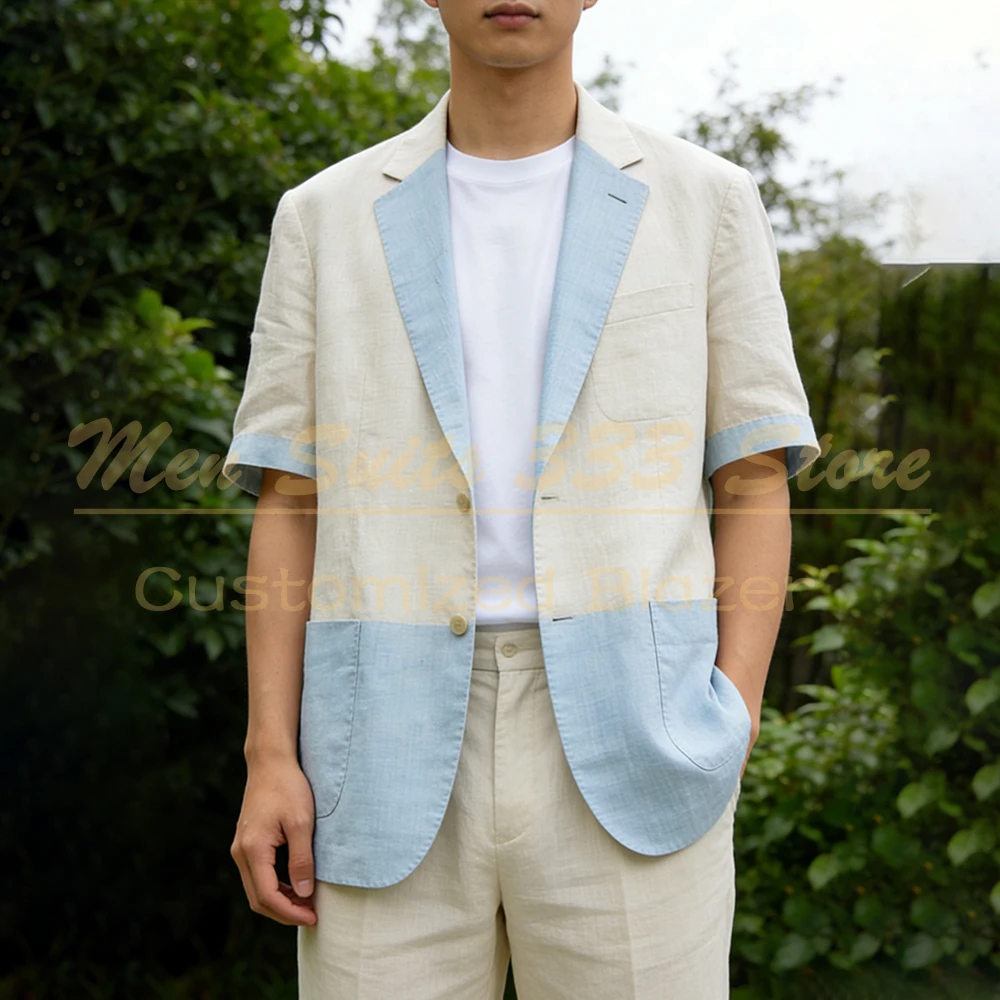

Customized Men's Suits 2026 Casual Chic Short Sleeve Loose Fit Linen Blazer Elegant Travel 2 Piece Jacket Pants Full Sets