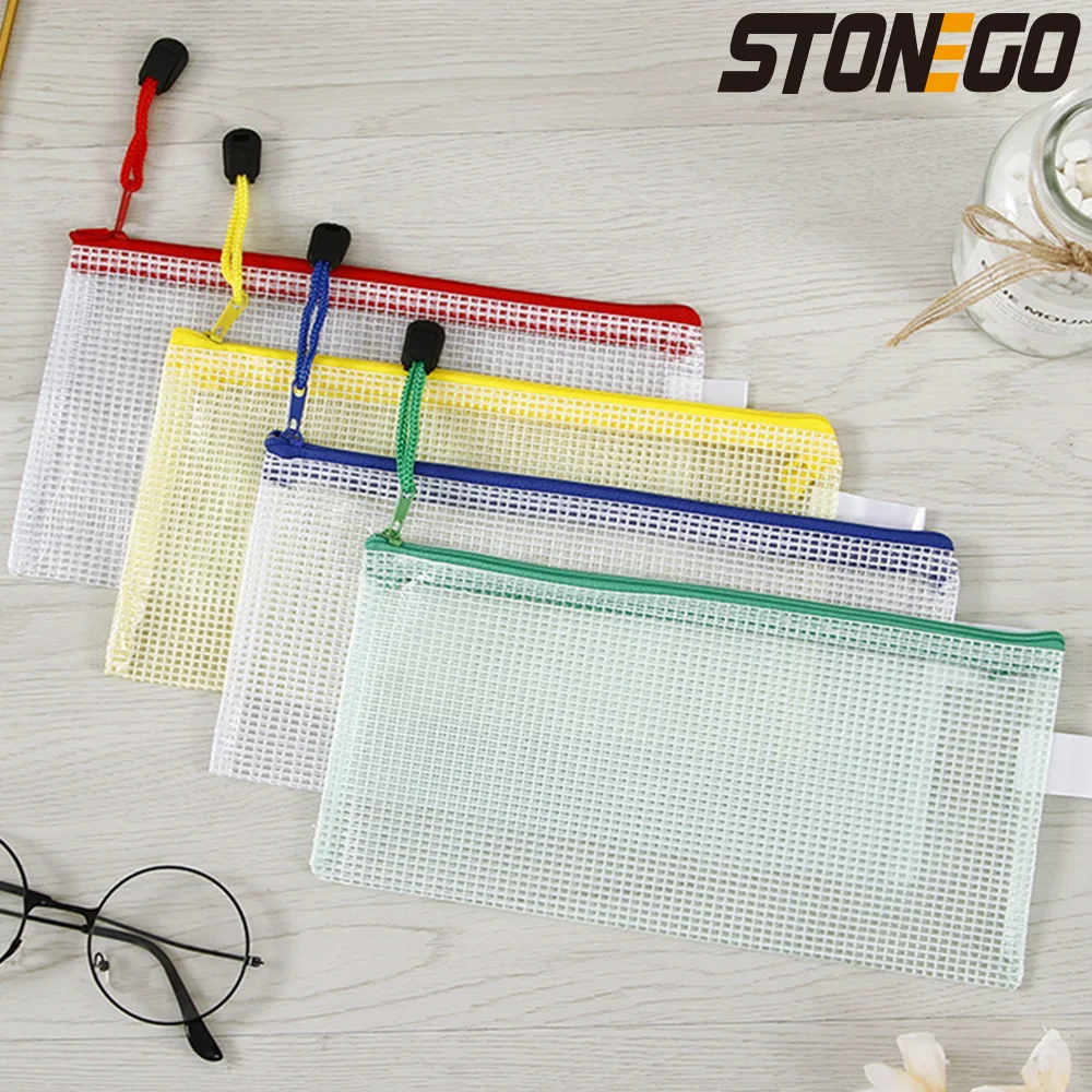 STONEGO A4 / A5 / A6  Waterproof Plastic Zipper Paper File Folder Book Pencil Pen Case Bag File Document Bag