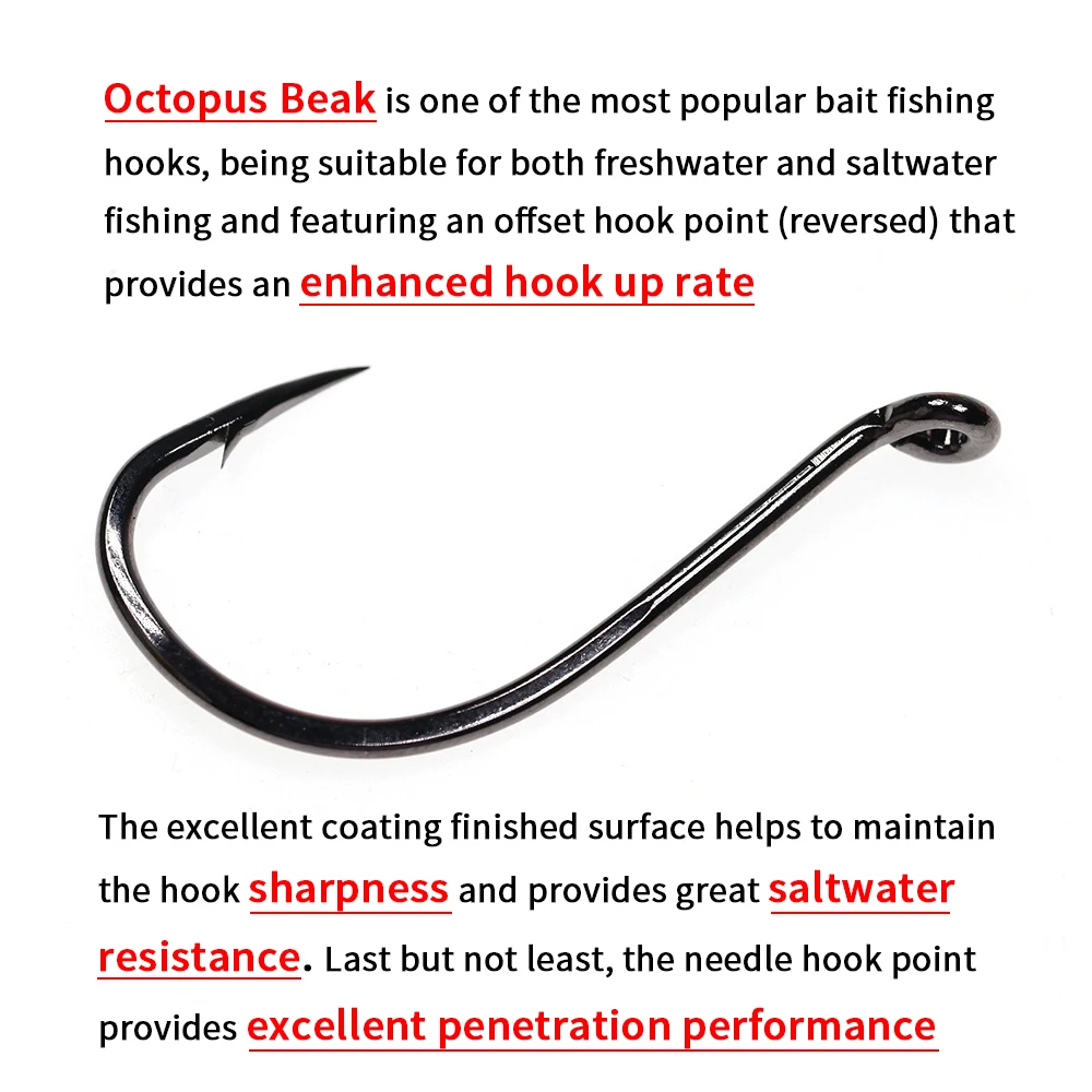 Elllv 100pcs #10 - 10/0 Black Nickel Octopus Beak High Carbon Steel  Offset Fishhook Saltwater Freshwater Fishing Bait Hook