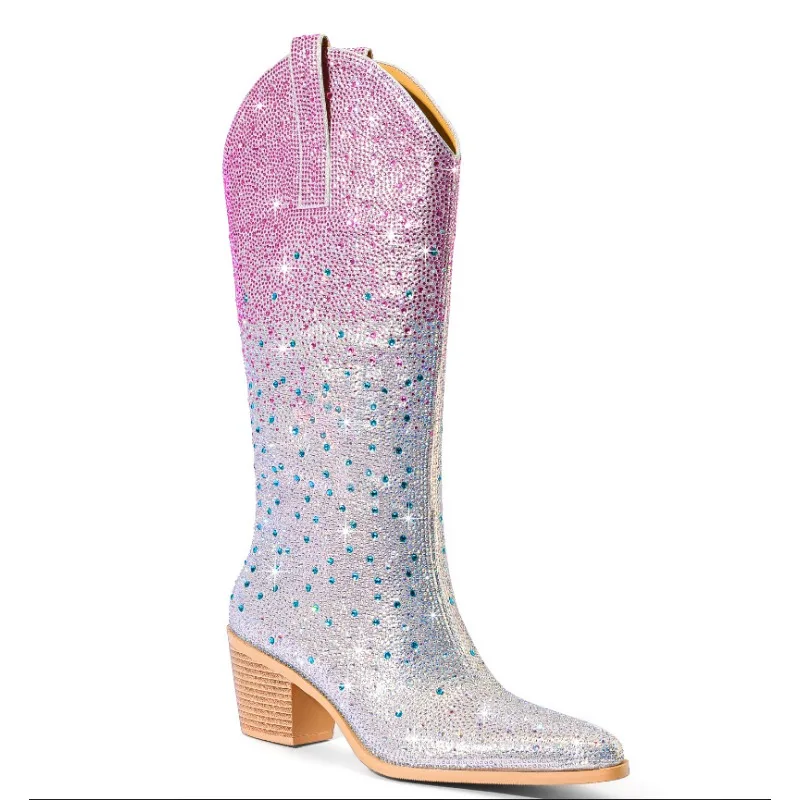 

Diamond Fashion 6.8cm High Heel Women's Boots Europe America Plus Size Western Boots Chengdu Golden Flower Women's Boots Capital