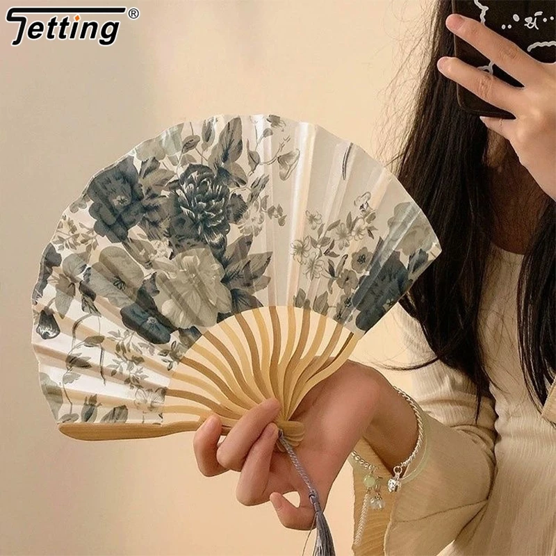 Chinese Style Silk Flower Fan Hand Fold Fan Art Dance Hand Props Vintage Bamboo Folding Hand Held Fan Wedding Decoration Gifts