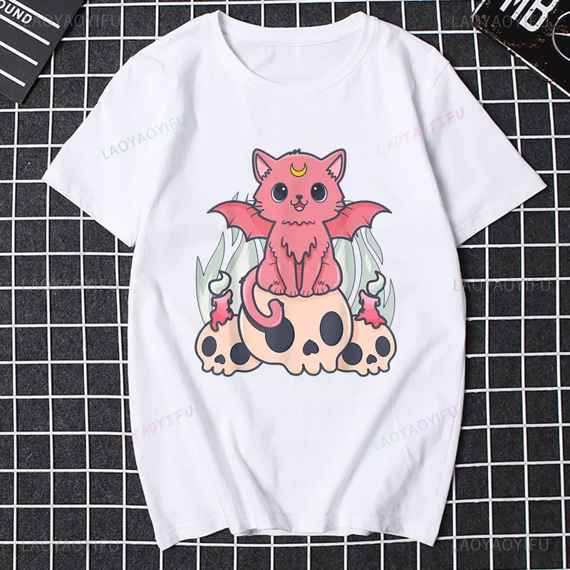 Kawaii Pastel Goth Cute Creepy Demon Cat and Skull Graphic T Shirts for Woman Halloween T Shirt Harajuku Cotton Clothes Y2k