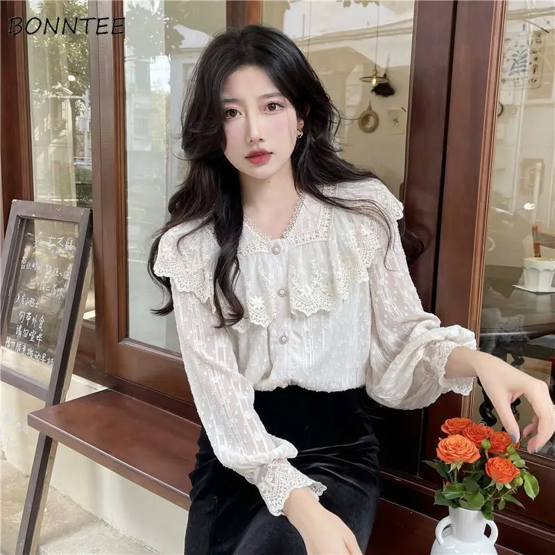 Lace Long Sleeve Shirts Women Ruffle Edge Spring Summer New Style White All-match Elegant Sweet Tops Girls Fashion Blouses Retro