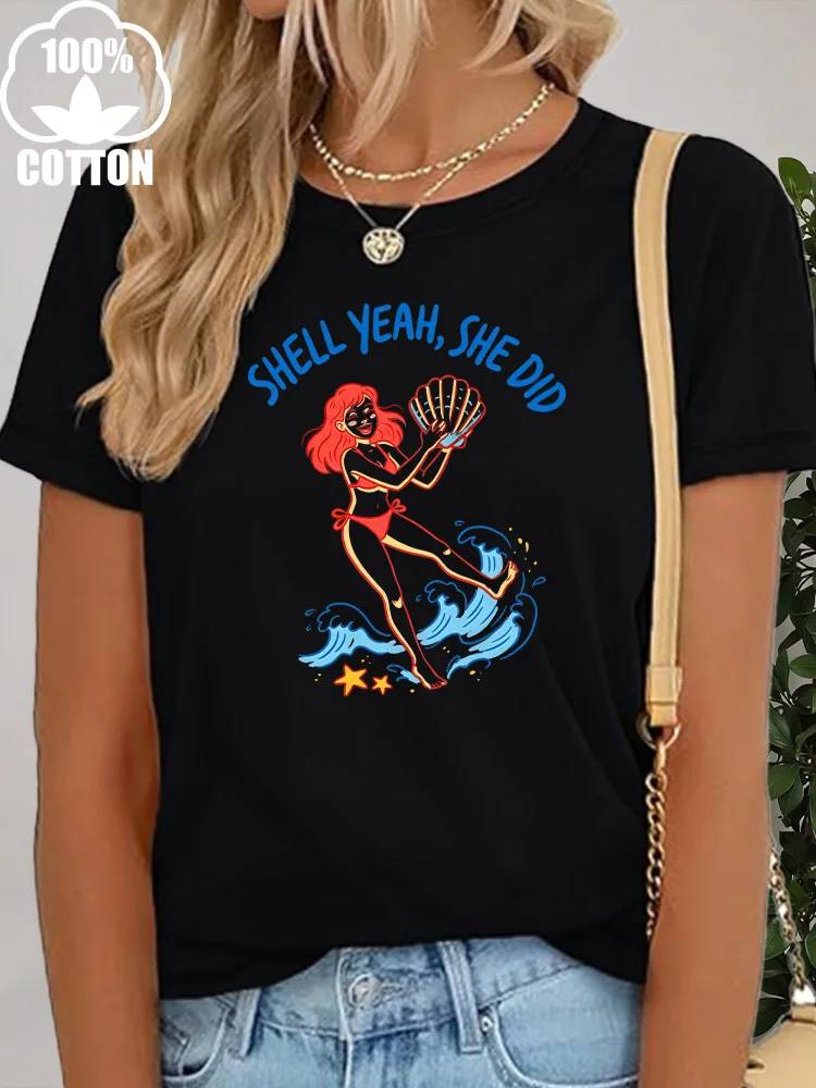 She Did Women's Graphic T-Shirt 100% Cotton Crew Neck Short Sleeve Tee Casual Summer Daily Wear