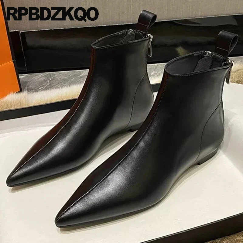 Women Flats 34 Shoes Fur Lined Autumn Boots Nubuck Plus Size Pointy Toe Zip Up Booties Cow Leather Short Winkle Picker Custom