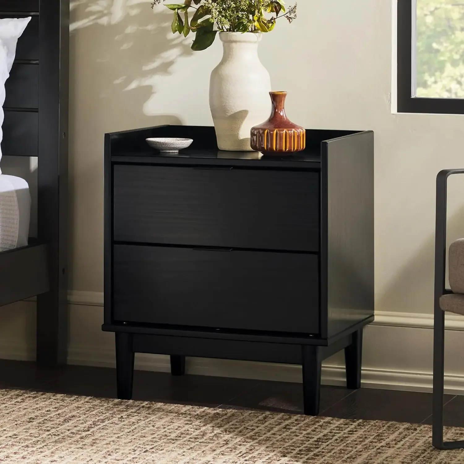 Modern Solid Pine 2-Drawer Nightstand, 20 Inch, Black