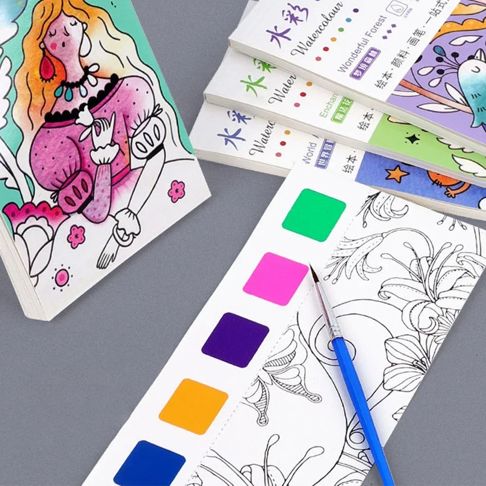 Portable Watercolor Painting Book 12 Sheets Coloring Book With Paint Brush Gouache Book Kids Graffiti Picture Drawing Stationery