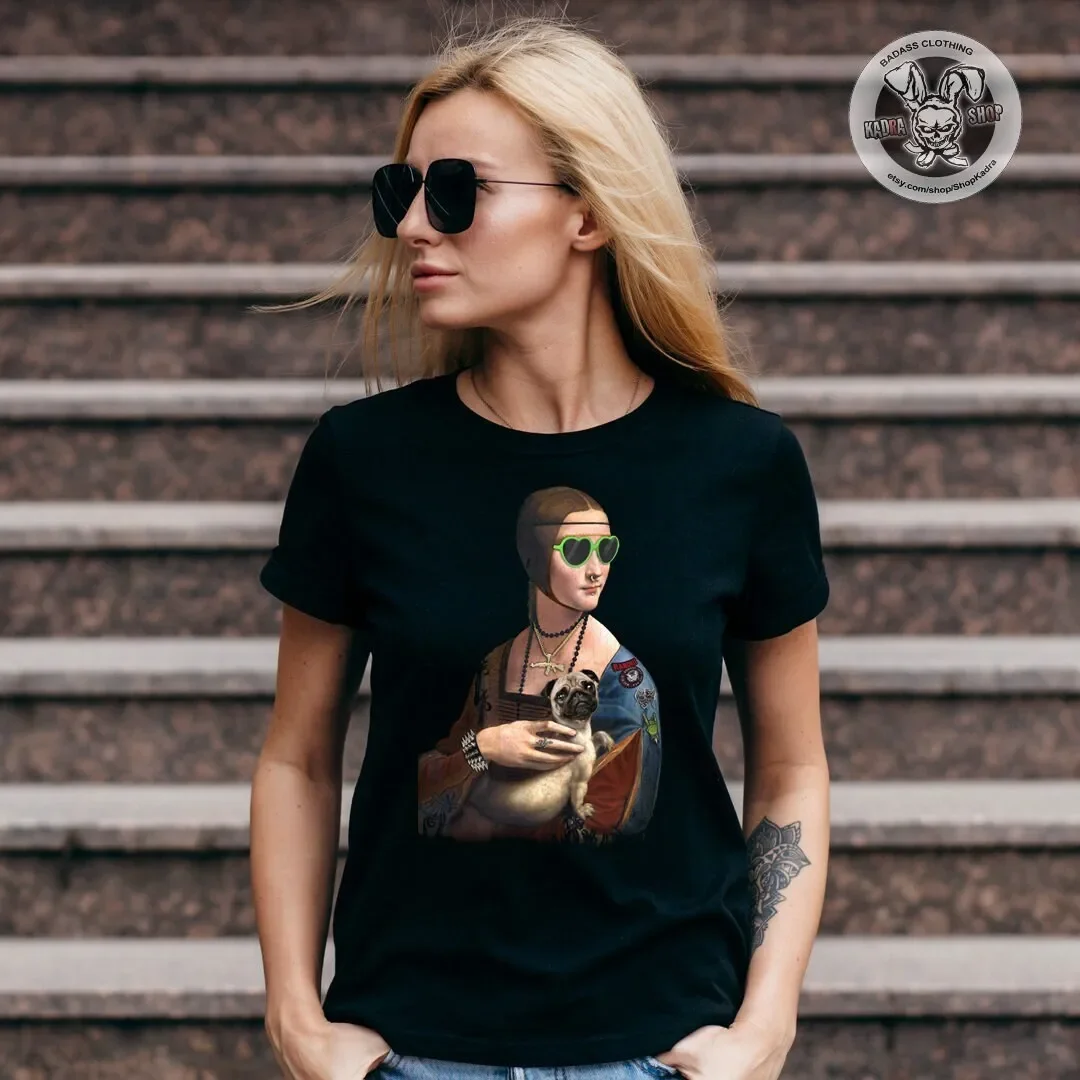 Lady With an Ermine pug T-shirt Hoodie Funny Design Leonardo