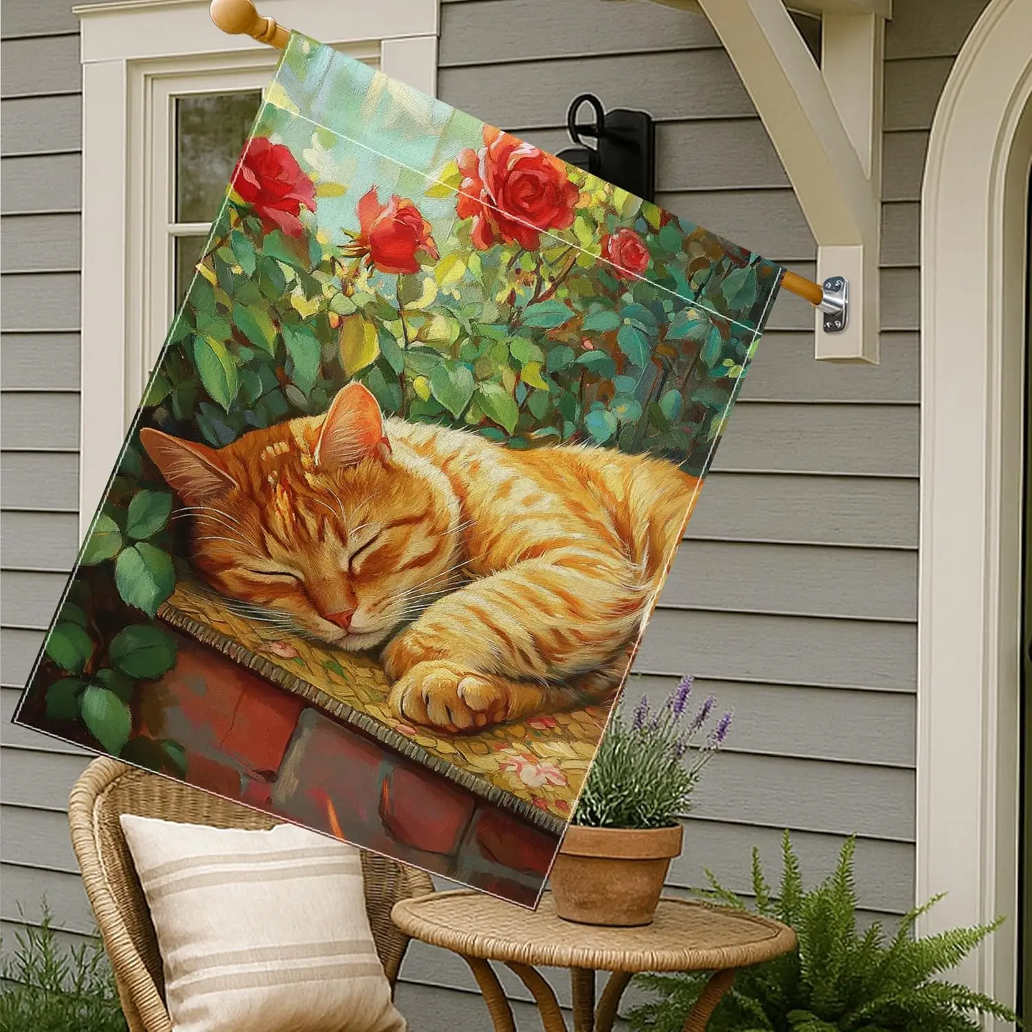 Vibrant Orange Cat Garden Flag, Sleeping Ginger Kitty Floral Outdoor Decor, Seasonal Yard Flag for Summer Home Decoration, o UUX