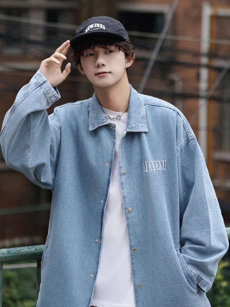 

Мужская джинсовая куртка Waed: новая осенняя модель с вышивкой букв, в американском ретро-стиле, свободного кроя, с длинными рукавами