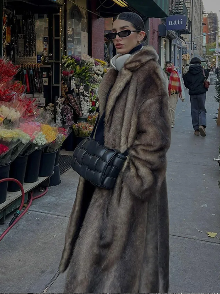 Frauen flauschigen Pelz Revers dicken Mantel schicke weibliche lange Ärmel warme lose lange Mantel Herbst Winter neue Dame lässige Büro Oberbekleidung