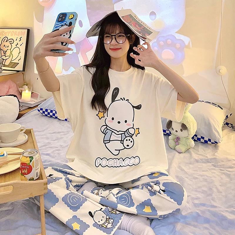 Sanrio Kawaii Pochacco Pajamas Set Stitch Cute Cartoon Student Soft Cotton Loungewear Home Wear Birthday Gift Girls Toys