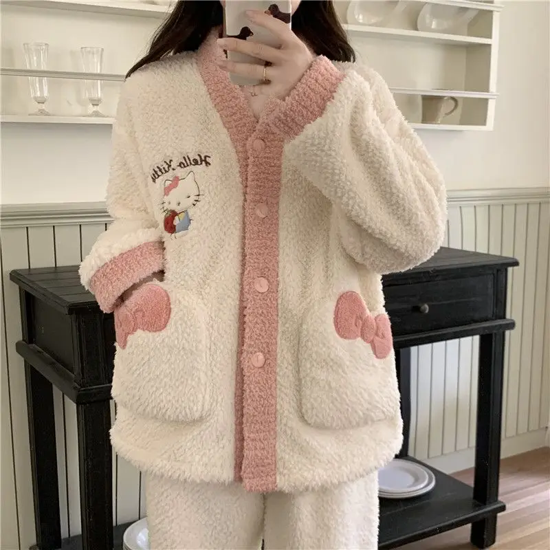 

Hello Kitty флисовый комплект для отдыха, женский наряд из двух предметов, кардиган с длинными рукавами, удобная домашняя одежда, уютная одежда для дома
