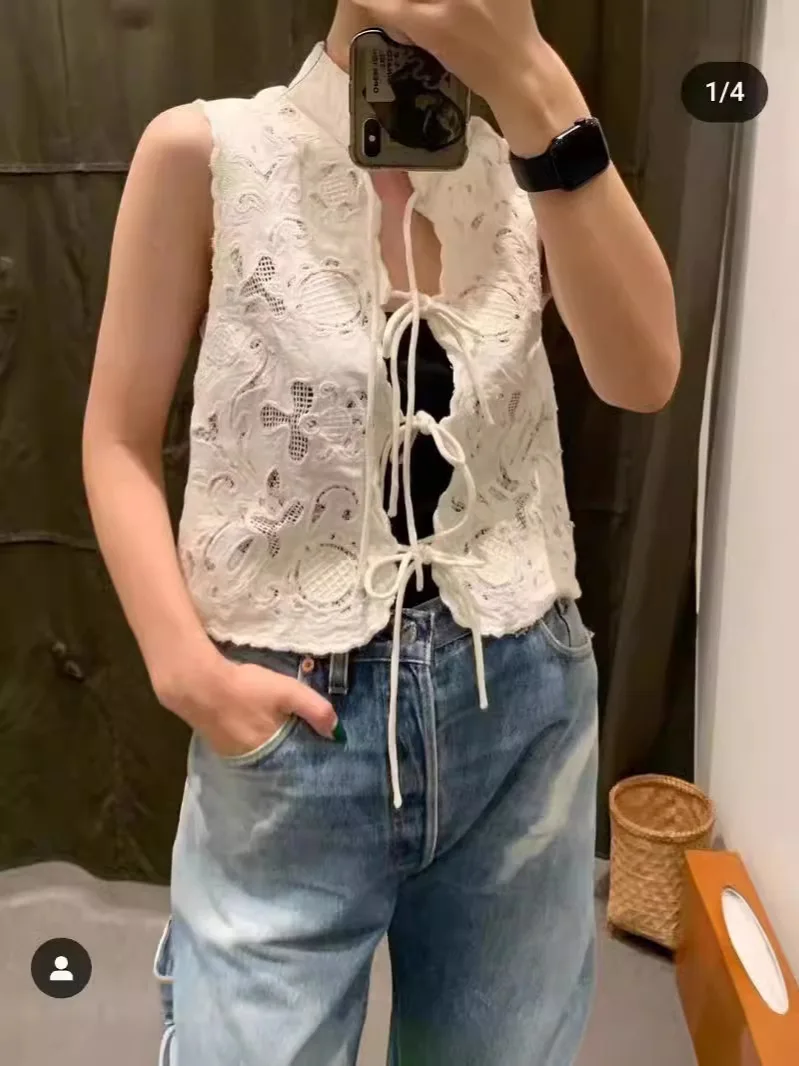 

Women's New Chinese Vest Embroidered Hollow Out Lace-up 2024 Spring Summer Ladies Standing Collar Sleeveless Tank Tops