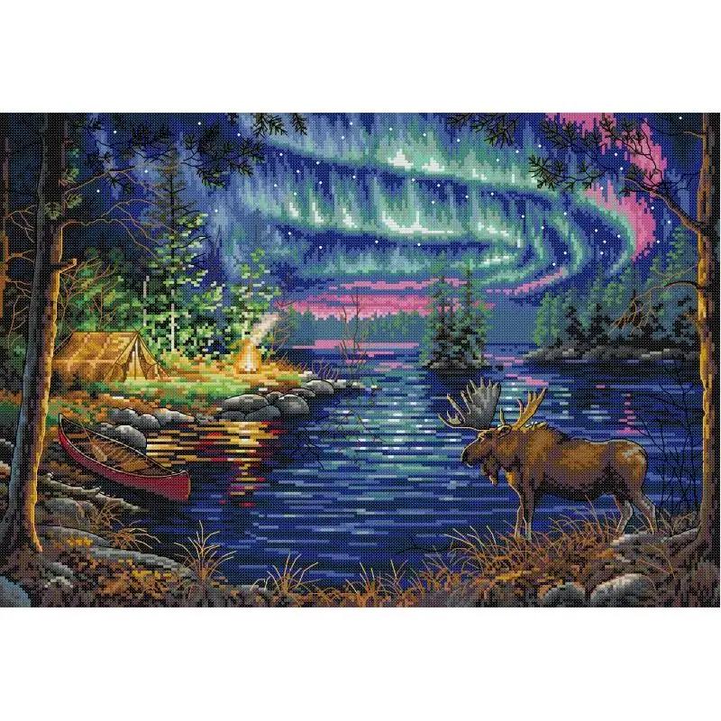 Northern Lights NKF Scenic Pattern Cross Stitch Kit 14 16 11CT White Fabric Printed Fabric Needlework Kit DIY Embroidery Crafts