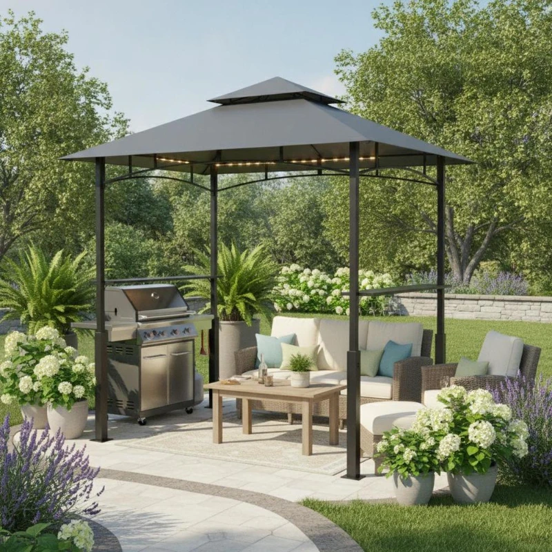 Barbecue tonneau extérieur 240 x 150 x 250 cm pour jardin avec espace de préparation et rangement, barbecue de grande taille au design moderne gris clair, cuisine extérieure pour terrasse et patio, meuble barbecue de jardin pratique pour des moments conviviaux