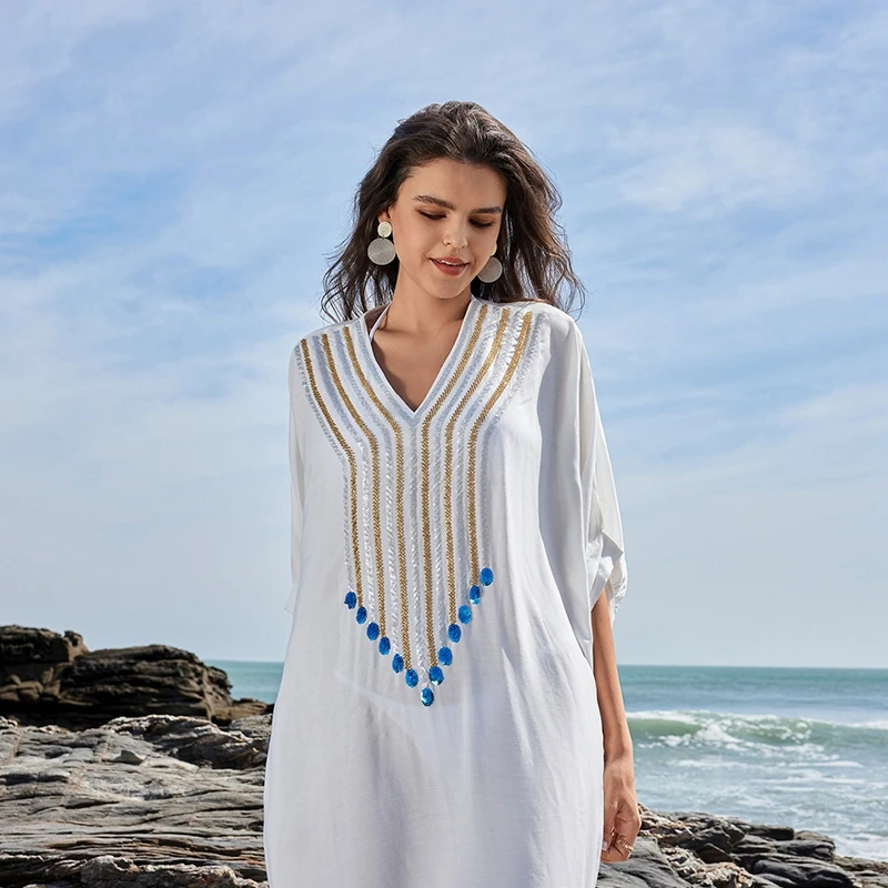 Ocean Kaftan Boho Chic White Loose Caftan Morocco Long Robe V-Neck Sheer Beach Cover Ups Sequin Embroidery Women Maxi Dress