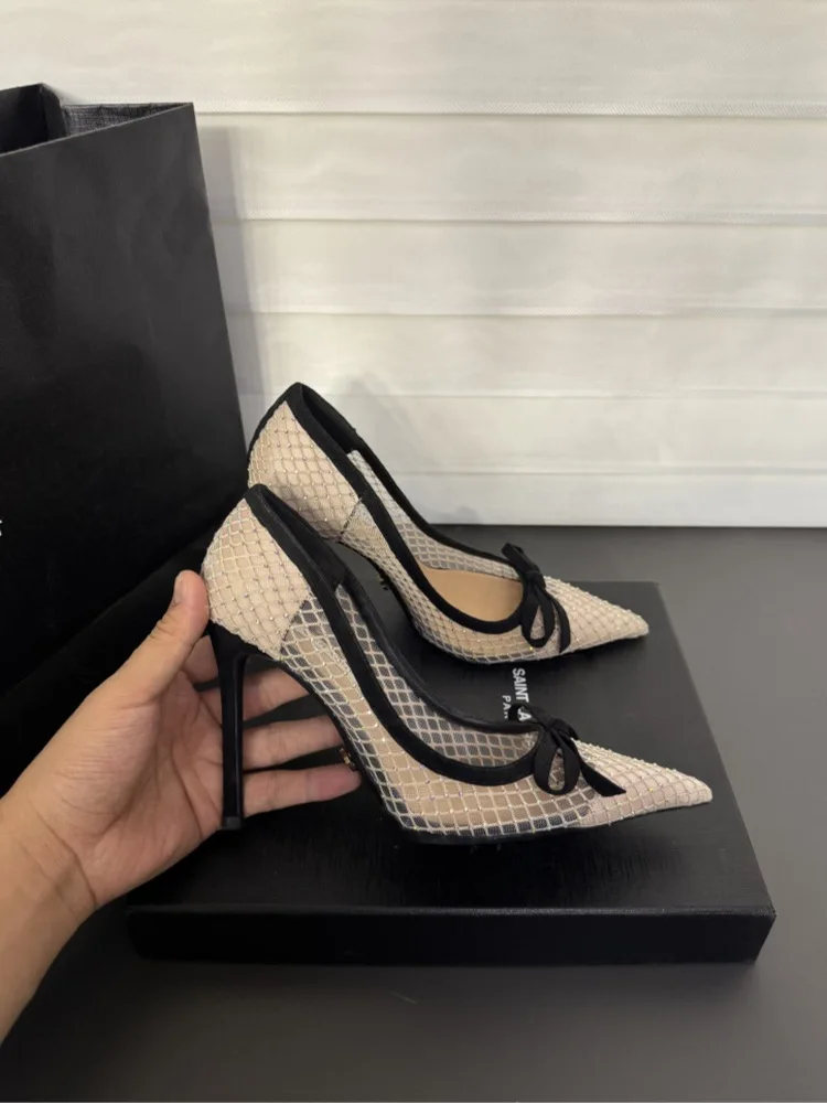 Lace High Heels, Women's New Butterfly Bow Rhinestone Sexy Temperament, High-end and Non Tiring, Slim Heel Pointed Single Shoes