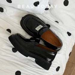 BEAUTODAY Women's loafers Genuine Cow Leather Slip-on Flats Silver Metal Decor Ladies Shoes Handmade Plus Size A26607