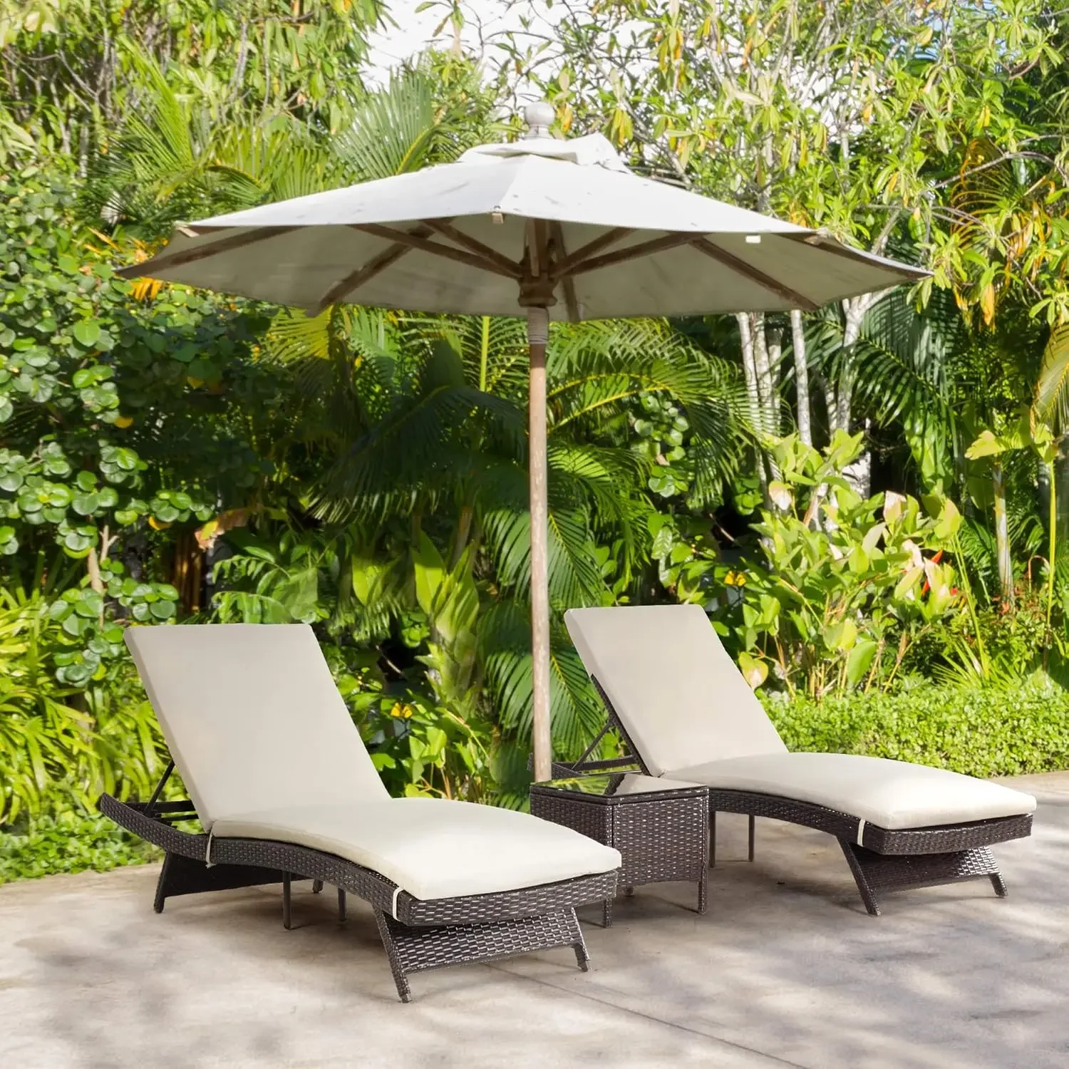 Patio Chaise Lounge Set 3 Pieces with Adjustable Backrest and Removable Cushion, Outdoor Pool Chair for Patio Poolside B