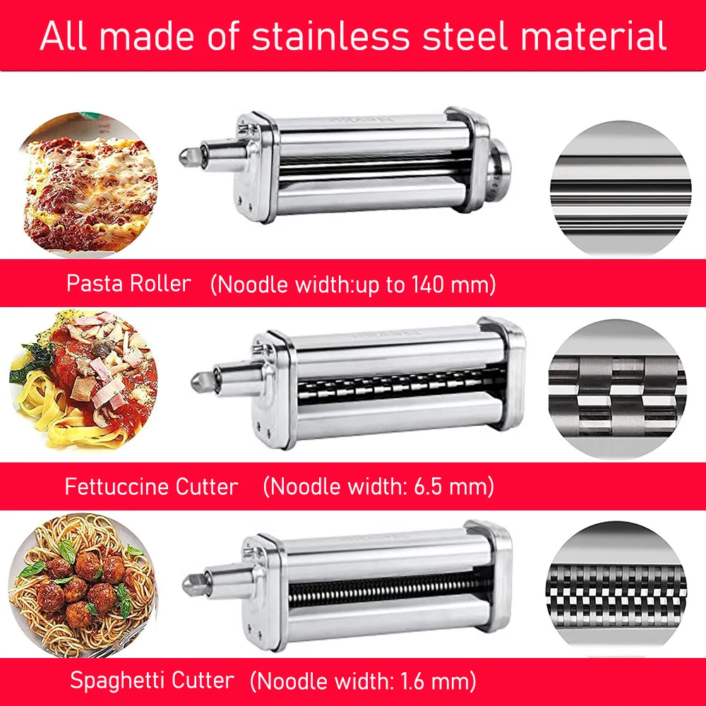 Stainless Steel Pasta Maker Attachments for All KitchenAid Stand Mixer, Pasta Sheet Roller, Spaghetti Cutter, Fettuccine Cutter
