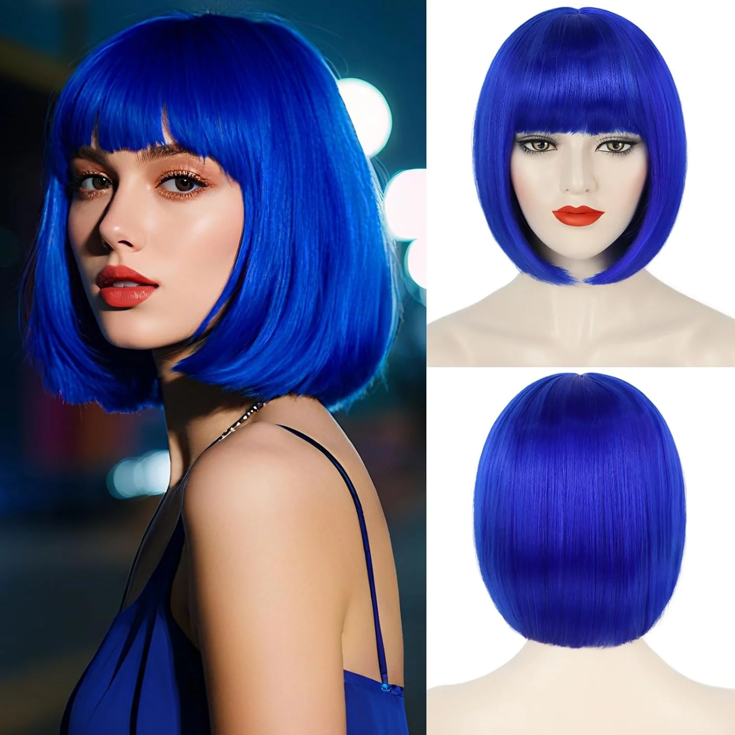 

Blue Bob Wig Short Straight Bob Wig with Bangs Heat Resistant Synthetic Colorful Funny Wig for Party Cosplay Costume Halloween U