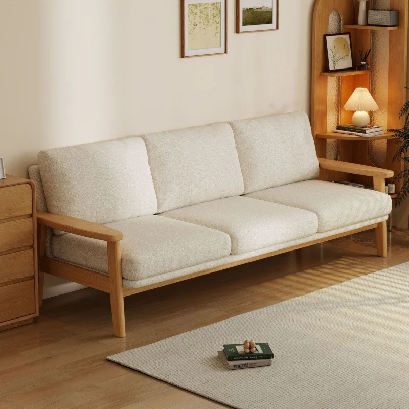 Solid wood fabric sofa small apartment living room log wind cotton and linen sofa double three-person sofa