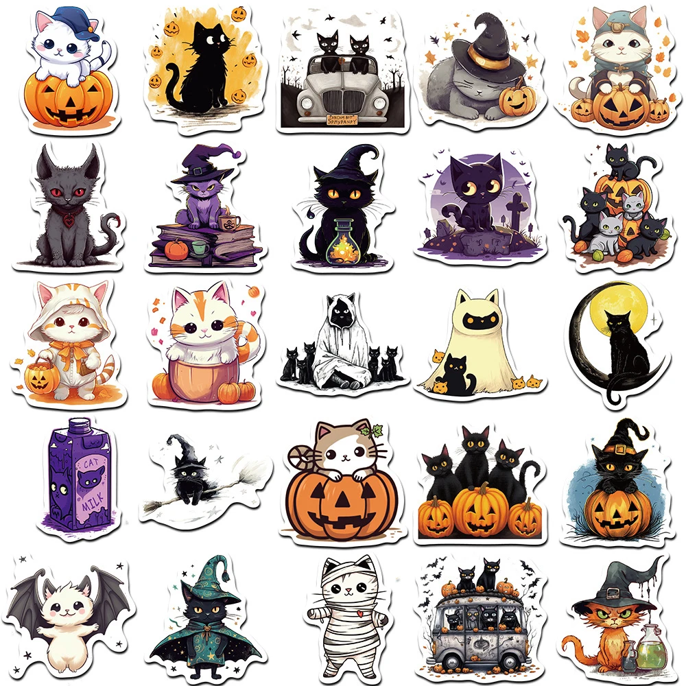 10/30/50pcs Cool Halloween Black Cat Pumpkin Cartoon Stickers Cute Witch Decals Laptop Motorcycle Phone Car Waterproof Sticker