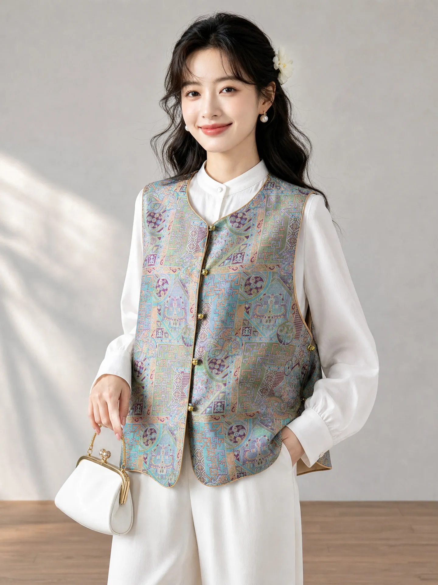 Winsleter-100%Real Silk Song Brocade Elegant Vest Coat, O Neck Geometry, Women Vintage Chic Waistcoat, 2026 Autumn New C69701CC
