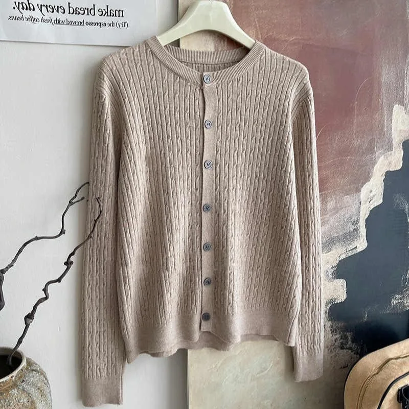 

2025 Autumn Winter Women's Crew Neck Cardigan New Casual Versatile Tops Pure Color Long Sleeve Single Breasted Knitted Sweater