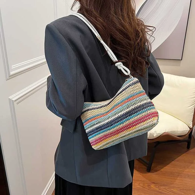 Tide Fashion Color Contrast Woven Bag Female Summertime New Style Ins Simple Fallow Dumpling Bag All-match Shoulder Bag